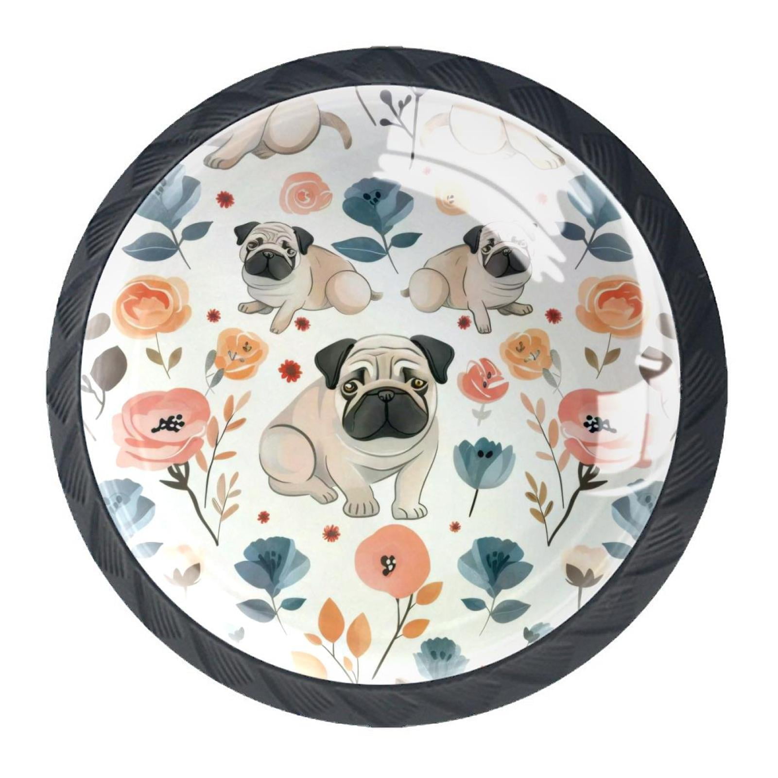 4 Pack Black Drawer Knobs, Pugs Florals Knobs Round Glass Knobs