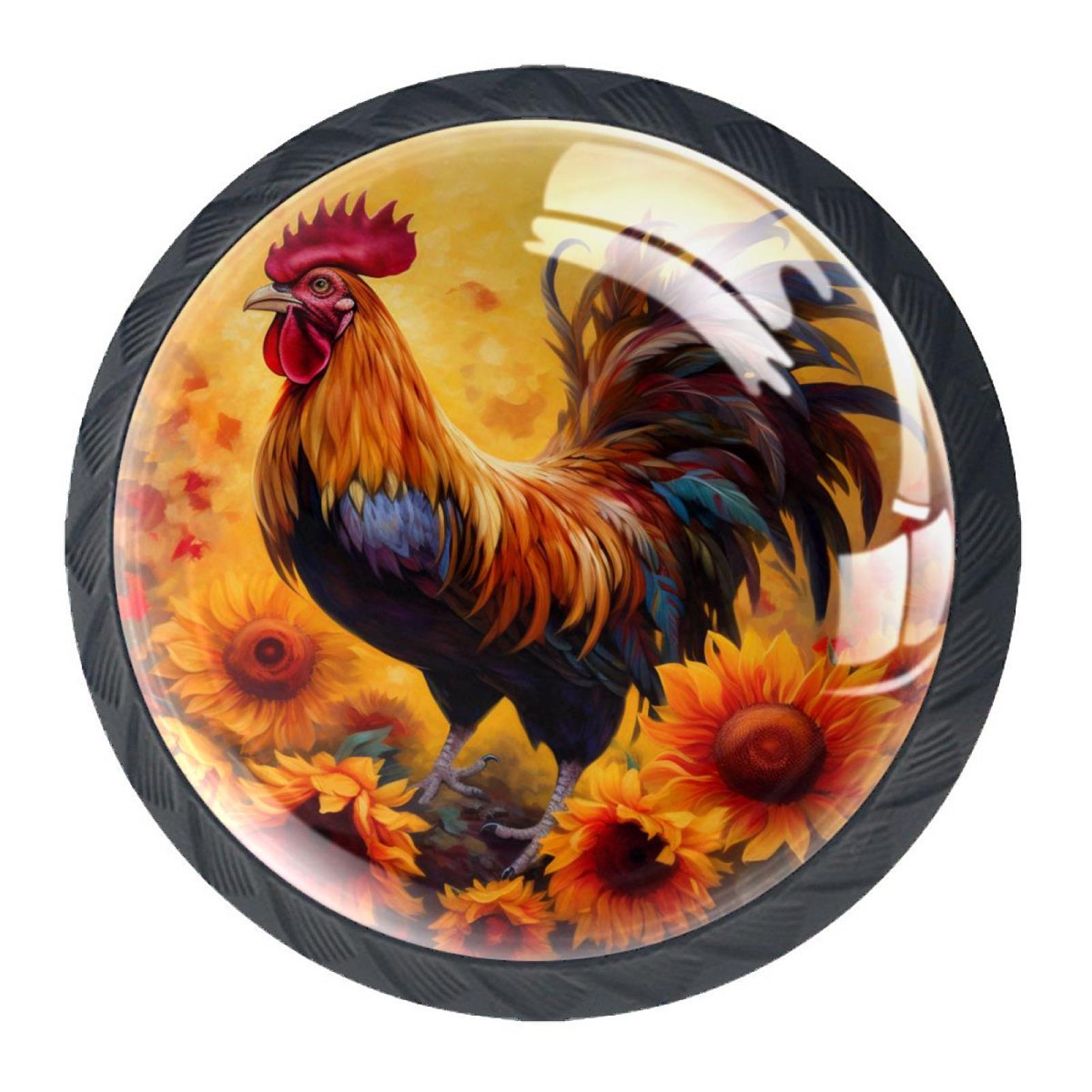4 Pack Black Drawer Knobs, Rooster Sunflowers Knobs Round Glass