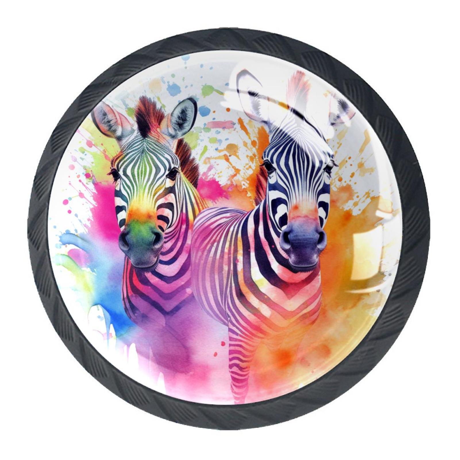 4 Pack Black Drawer Knobs, Splash Rainbow Zebras Knobs Round