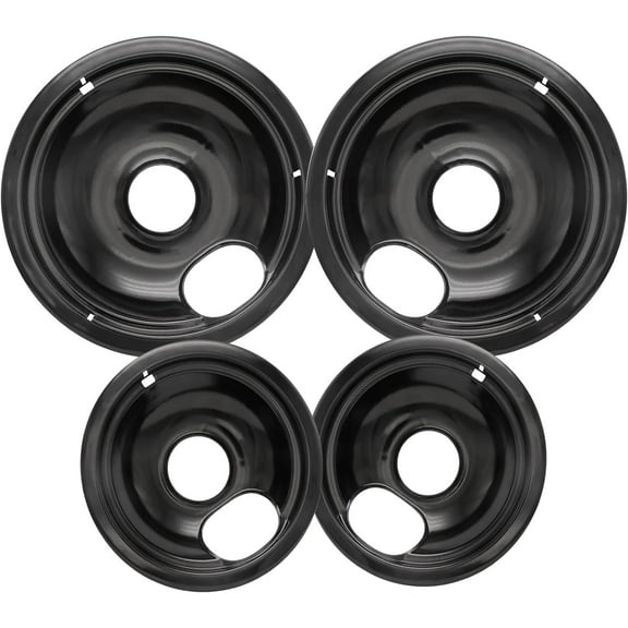 4 Pack Black Drip Pans, Compatible with Whirpool Kenmore Stove Top Drip Bowls. Include 2 Pcs 6'' Range Replacement Drip Pans and 2 Pcs 8 '' Cooktop Drip Pans