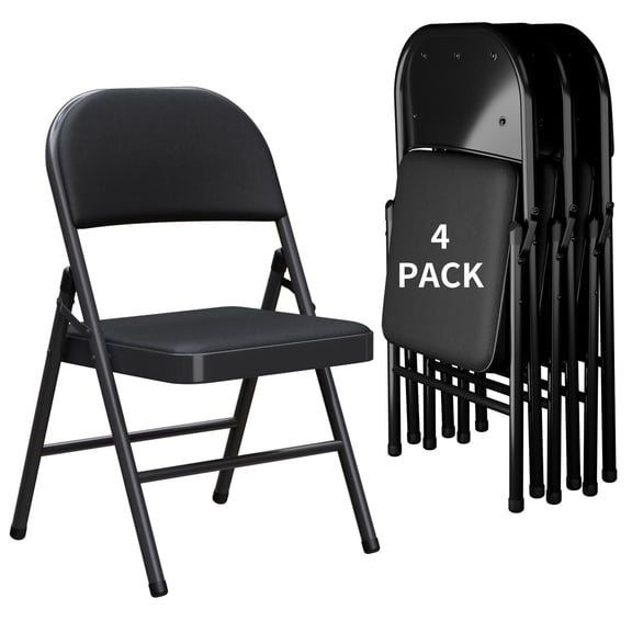 4 Pack Black Folding Chairs - Leather Padded, Steel Frame, No Tools Required, Portable Stackable for Dining/Parties/Office