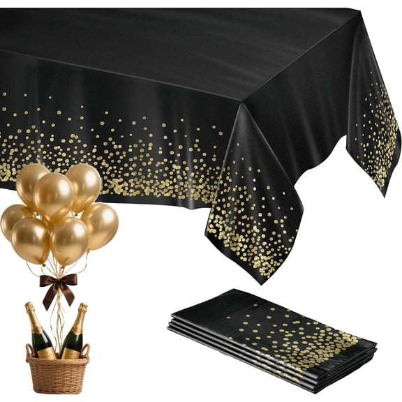 4-Pack Black Gold Foil Polka Dot Plastic Tablecloths - 54x108 Inch Disposable Table Covers for Wedding, Birthday Party, Cocktail Events Decor (Black & Gold)