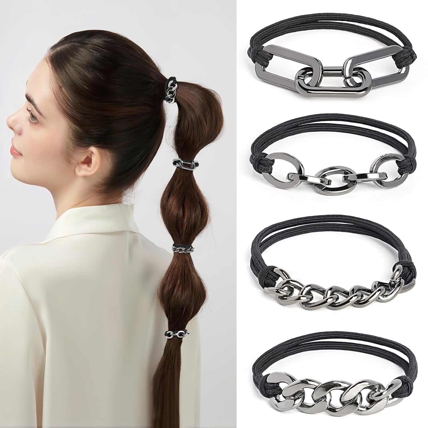 4-Pack Black Hair Ties - Hair Bands for Women's Hair Double as Cute Hair Tie Bracelet, Double Rope Elastic Metal Hair Ties for Thick Hair, No Damage Hair Cuffs for Ponytail,Thin, Curly Hair