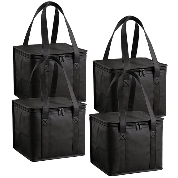 4 Pack Black Insulated Grocery Bags, Reusable Thermal Zipper Tote with Collapsible Design, Cooler for Hot/Cold Food Transport
