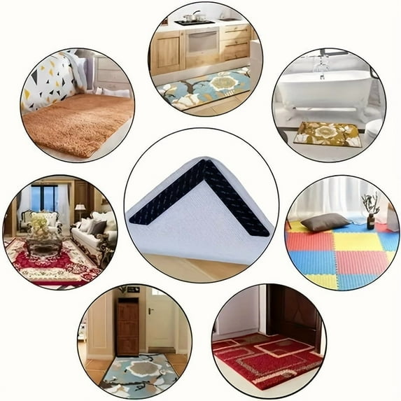 4-Pack Black L-Shaped Rug Grippers – Reusable Non-Slip Corner Pads for Tile, Wood, Laminate & Vinyl Floors, Home & Office Rug Stabilizers