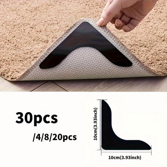 4-Pack Black L-Shaped Rug Grippers, Upgraded Adhesive Reusable Non-Slip Rug Corner Stabilizer Pads, Anti-Curl Anti-Skid Rug Keepers, No Residue Carpet Grips for Tile Wood Laminate Vinyl Floors Home O