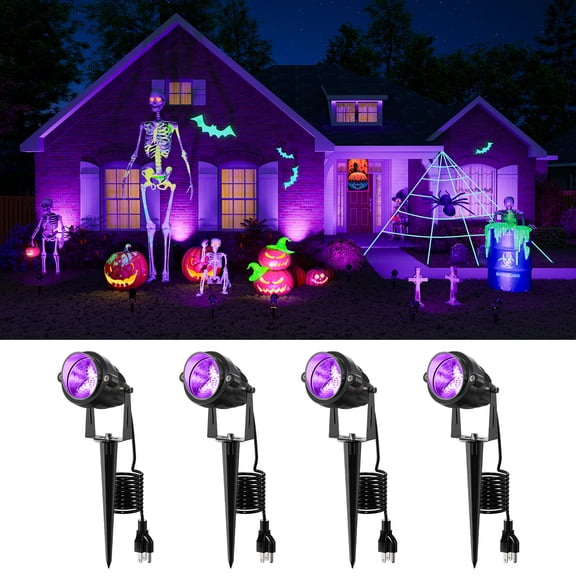 4 Pack Halloween UV Landscape Spotlights for Outdoor Front Yard Waterproof Wired 120V Blacklight Spot lights for Skeleton, Pumpkin, Ghost, Tree, Purple Ambiance Lighting for Porch, House, Wall, Lawn