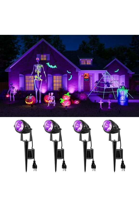 4 Pack Halloween UV Landscape Spotlights for Outdoor Front Yard Waterproof Wired 120V Blacklight Spot lights for Skeleton, Pumpkin, Ghost, Tree, Purple Ambiance Lighting for Porch, House, Wall, Lawn