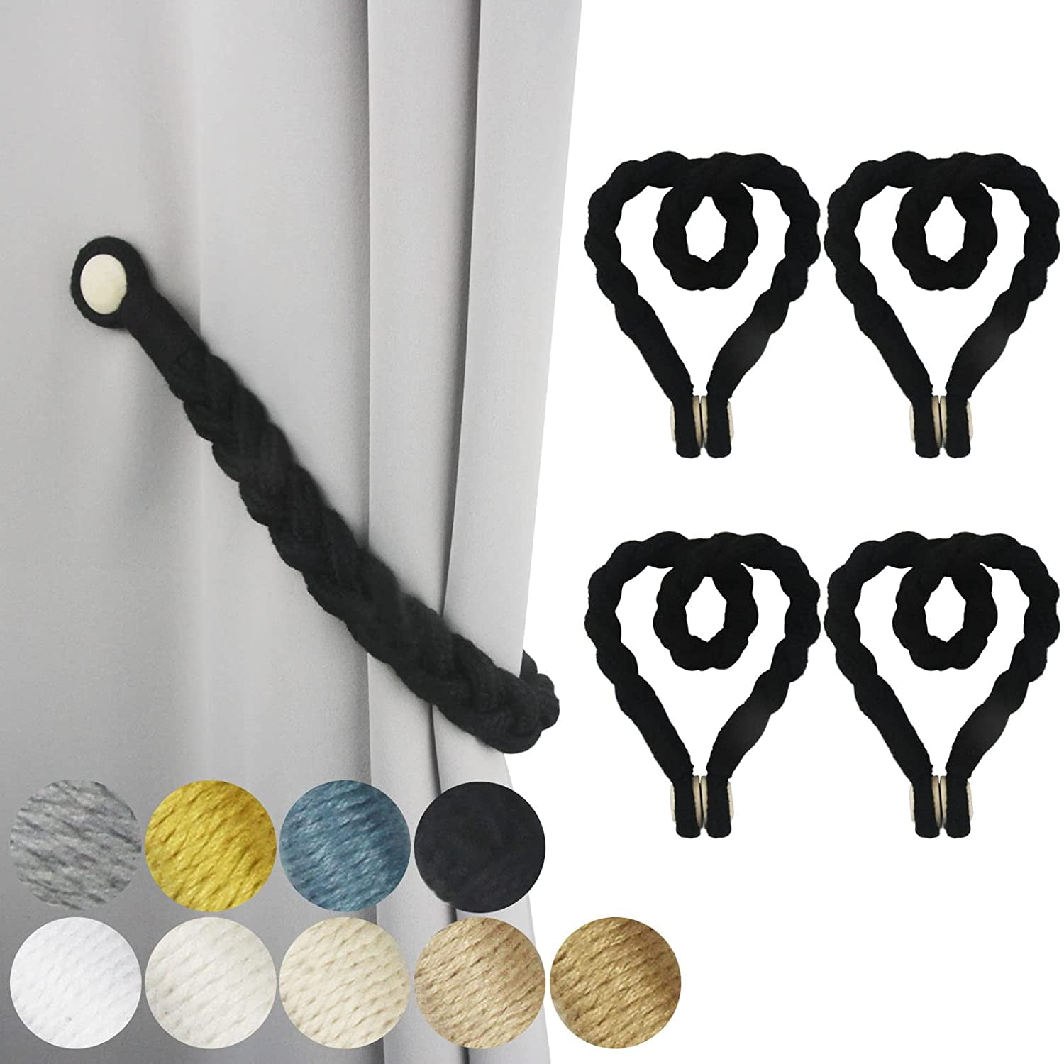 4 Pack Black Magnetic Soft Curtain Tiebacks Cotton Hand-Woven Tieback ...
