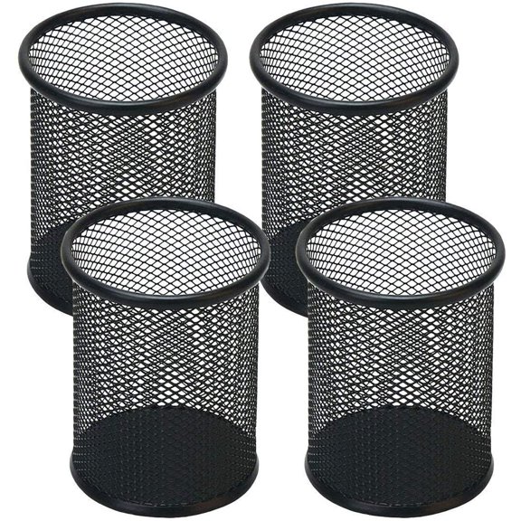 4 Pack Black Mesh Metal Pen Holder Cup, Multipurpose Desk Pencil Organizer, Hollow Metal Stationary Storage Cup for Office, Home Classroom Desktop Supplies Arrangement