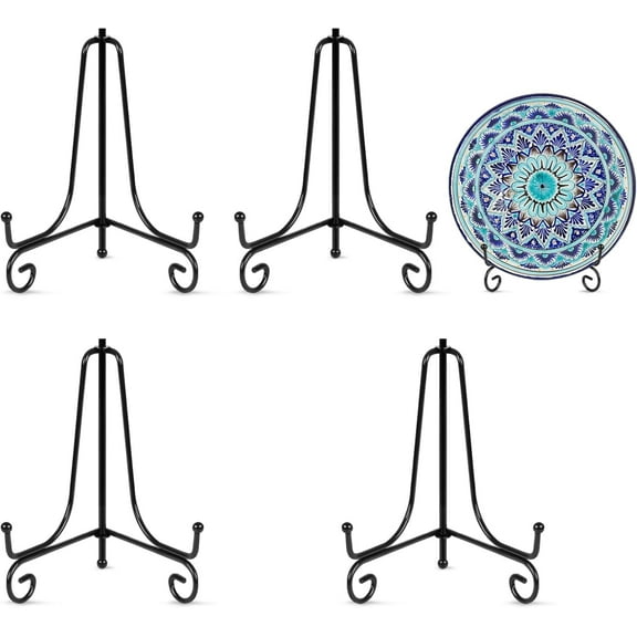 4 Pack Black Metal Plate Display Stands - 6 Inch Small Easel Holders for Decorative Plates, Pictures, Artwork & Photo Frames - Tabletop Book Stand for Art Display, Wedding Decor, Dessert Platter