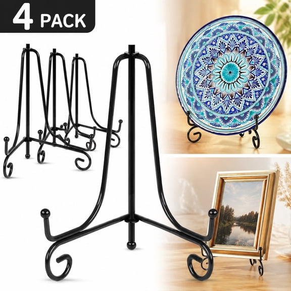 4 Pack Black Metal Plate Display Stands - 6 Inch Small Easel Holders for Decorative Plates, Pictures, Artwork & Photo Frames - Tabletop Book Stand for Art Display, Wedding Decor, Dessert Platter