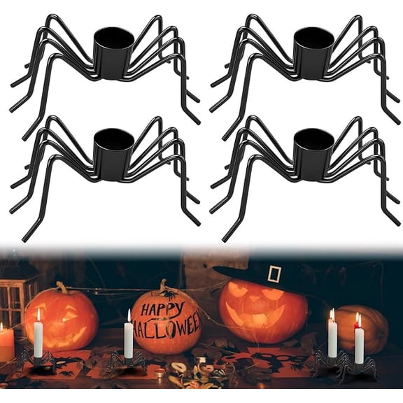 4 Pack Black Metal Spider Taper Candle Holders, Fits 3/4 Inch Candles, Gothic Spooky Candlestick Stands, Halloween Table Mantel Shelf Decor for Haunted House Costume Party