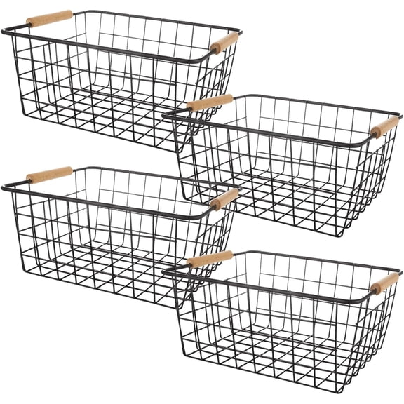 4 Pack Black Metal Wire Storage Baskets, Pantry Baskets for Organizing, Wire Food Storage Basket Organizer with Wooden Handles for Kitchen, Pantry, Freezer - 29 x 22 x 12cm