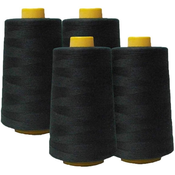4-Pack Black All Purpose Sewing Thread Cones (6000 Yards Each) of High Tensile Polyester Thread Spools for Sewing, Quilting, Serger Machines, Overlock, Merrow & Hand Embroidery.