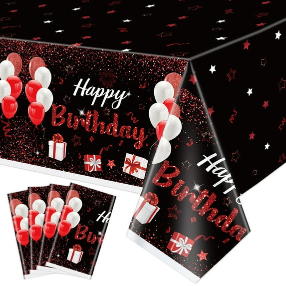 4 Pack Black and Red Happy Birthday Tablecloths, 51x87'' Plastic Disposable Rectangle Birthday Party Table Covers for Women Girls Birthday Party Decorations Supplies