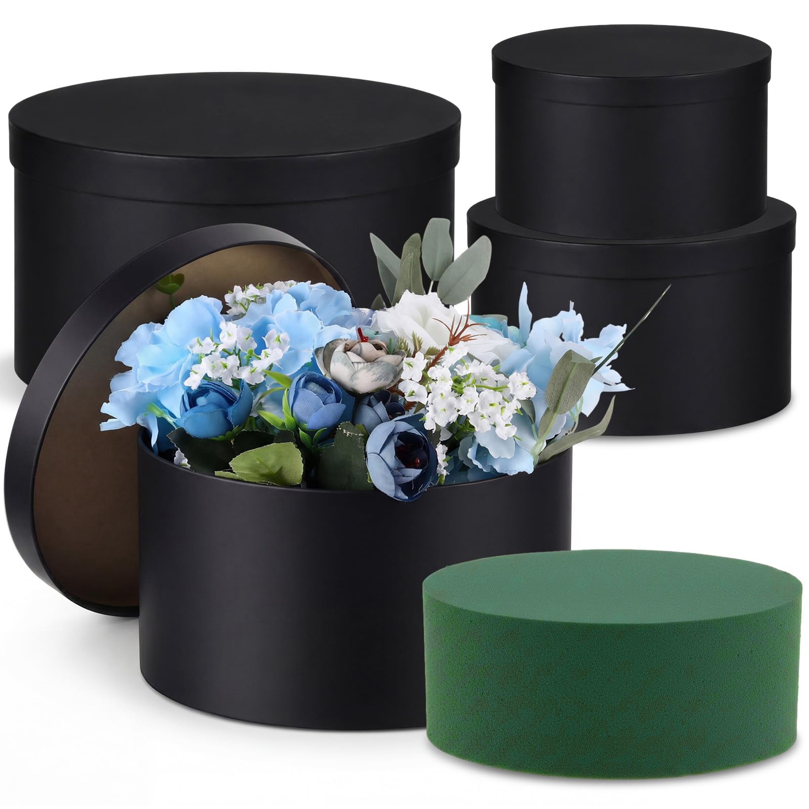 4 Pack Black Round Gift Boxes With Lids Floral Foam Flower Box For Arrangements Mother's Day Gifts Bridesmaid Proposal Wedding Party Favor
