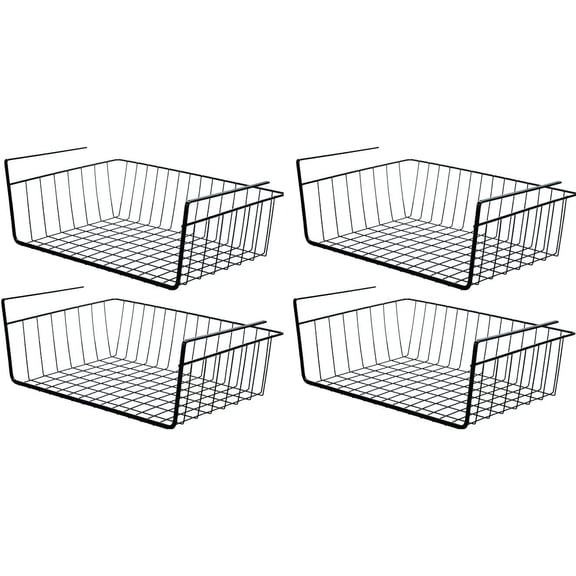 4 Pack Black Under Shelf Wire Basket Hanging Storage Baskets, Under Cabinet Add-on Storage Racks Slide-in Baskets Organizer for Kitchen Pantry Desk Bookshelf