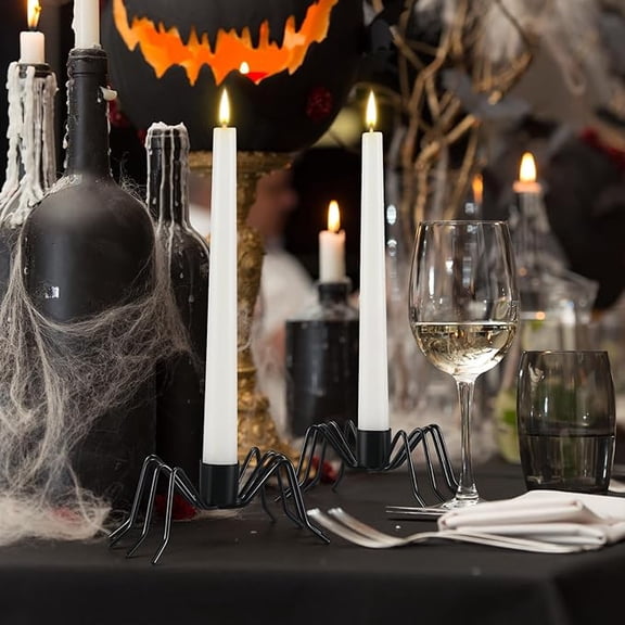4 Pack Black Spider Shaped Candlestick Holders, Metal Taper Candle Stands Compatible With 3/4 Inch Candles, Spooky Ornament for Halloween Dinner Table Events