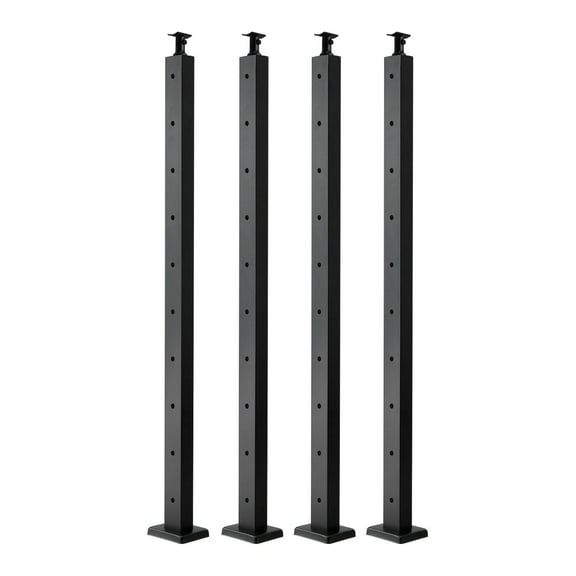 4 Pack Black Stainless Steel Cable Railing Post 36x2x2 Inch with Pre Drilled Holes Horizontal Hole Deck Railing Post Horizontal and Curved Bracket
