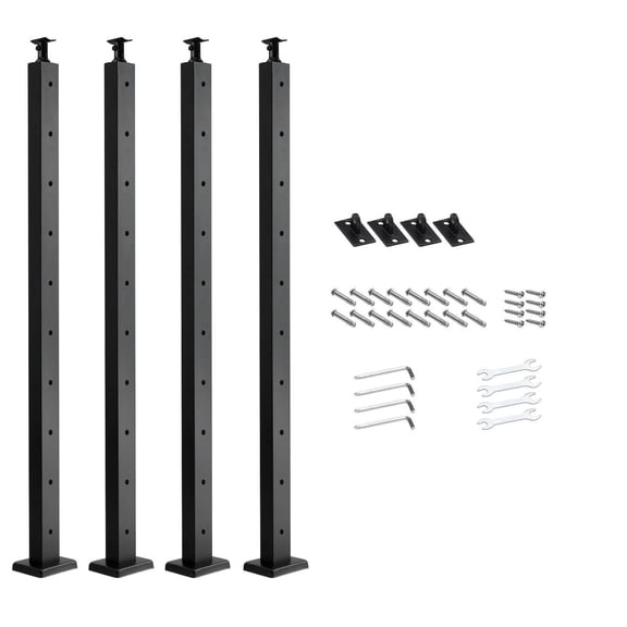 4 Pack Black Stainless Steel Cable Railing Post 36x2x2 Inch with Pre Drilled Holes Horizontal Hole Deck Railing Post Horizontal and Curved Bracket