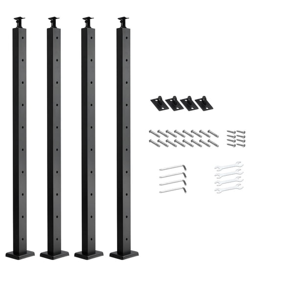4-Pack Black Stainless Steel Cable Railing Posts, 36x2x2 Inch Horizontal Hole Deck Posts with Pre-Drilled Holes and Brackets, 4JZLGZXHS914MY65M001V0
