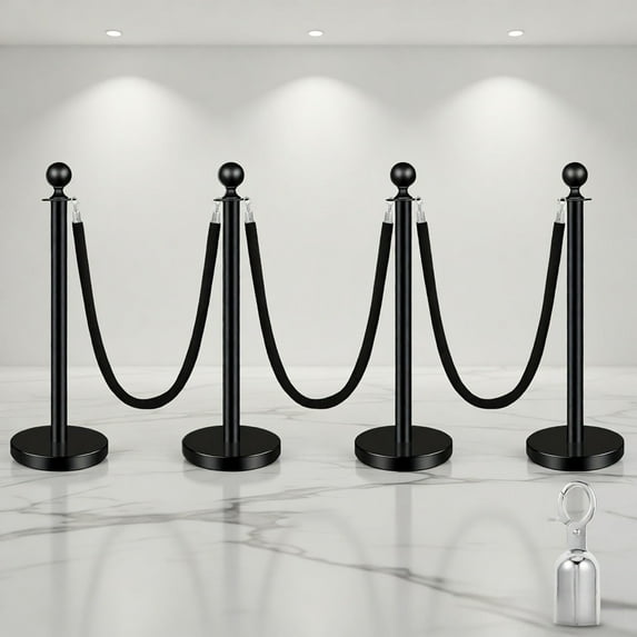 4-Pack Black Stanchions with Velvet Ropes | Heavy-Dust Crowd Control ...