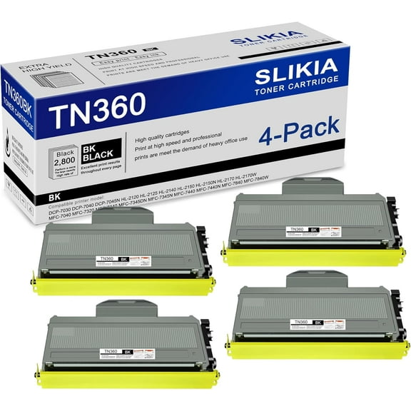 4-Pack Black TN360 Toner Cartridge: Compatible TN360 TN-360 Replacement for Brother DCP-7030 7040 7045N HL-2120 2125 2140 2150N 2170W MFC-7040 7320 7340 7345DN 7440N 7840W Printer