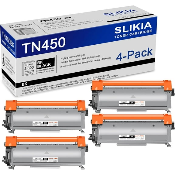 4-Pack Black TN450 Toner Cartridge: Compatible TN450 TN-450 Replacement for Brother DCP-7060D 7065DN IntelliFax-2840 2940 HL-2220 2240D 2270DW 2280DW MFC-7240 7360N 7365DN 7460DN 7860DW Printer