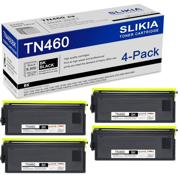 4-Pack Black TN460 Toner Cartridge: Compatible TN460 TN-460 Replacement for Brother DCP-1200 1400 HL-1230 1240 1470N 8300 MFC-9650 9700 9750 9800 9870 9880 P2500 IntelliFax-4100 4750 4750e Printer
