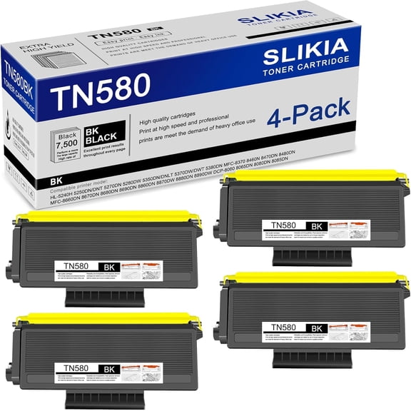 4-Pack Black TN580 Toner Cartridge: Compatible TN580 TN-580 Replacement for Brother HL-5240H 5280DW 5350DN/DNLT 5380DN MFC-8370 8460N 8470DN 8480DN 8680DN DCP-8060 8065DN 8080DN 8085DN Printer