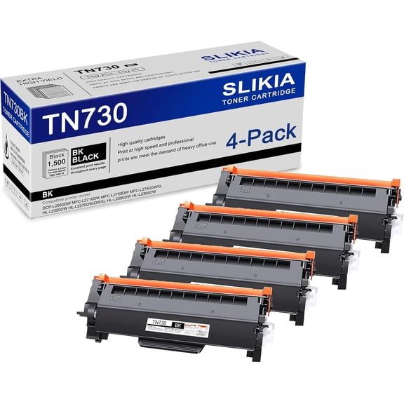 4-Pack Black TN730 Toner Cartridge: Compatible TN730 TN-730 Replacement for Brother DCP-L2550DW MFC-L2710DW MFC-L2750DW MFC-L2750DWXL HL-L2350DW HL-L2370DW/DWXL HL-L2390DW HL-L2395DW Printer