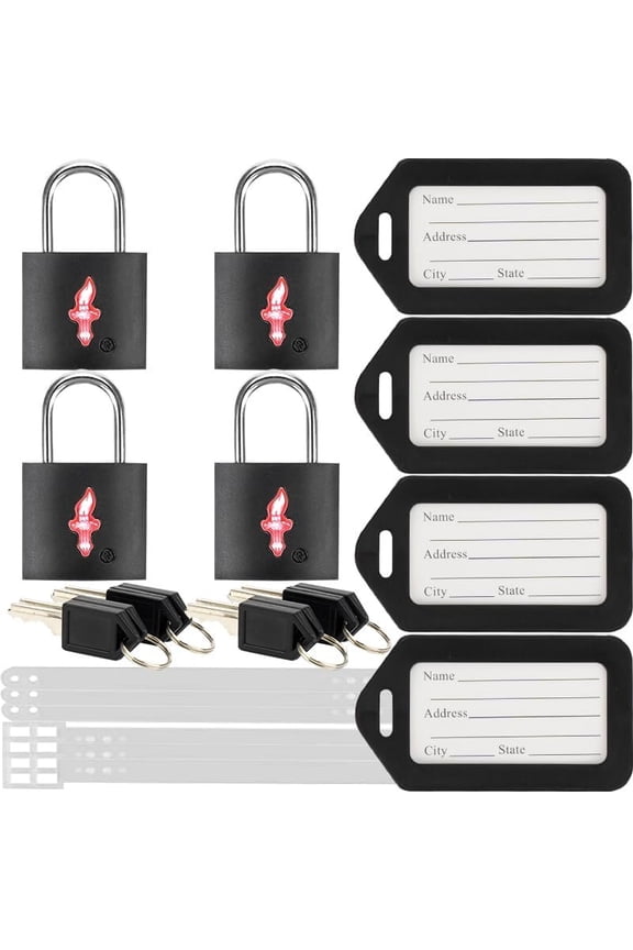 4 Pack Black TSA Luggage Locks with Key+4 Pack Travel tag, Luggage Lock TSA Approved for Backpacks, Bags and Luggage, 4 Pack Black Lock+4 Pack tag