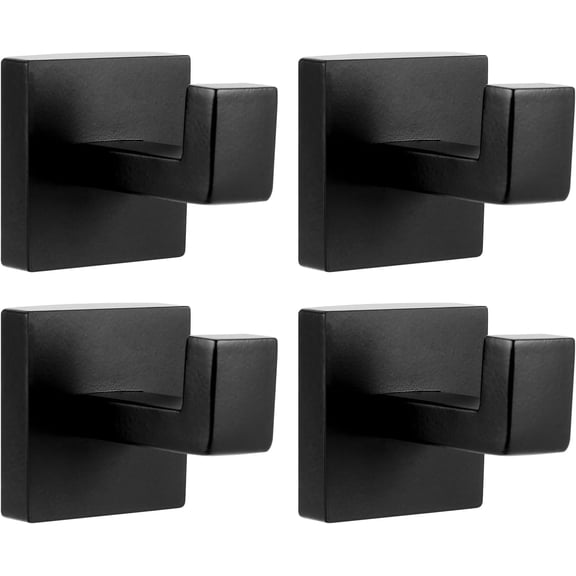 4 Pack Black Towel Hook, Matte Black Stainless Steel Wall Hooks for Bathrooms, Heavy Duty, Square, Robe Hooks, for Bathroom, Kitchen, Bedroom
