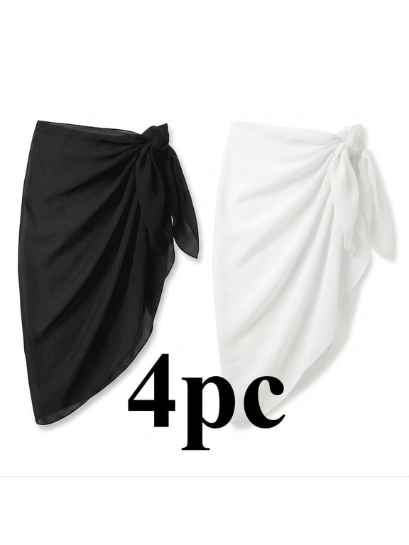 4 Pack Black White Chiffon Beach Sarong Cover Ups for Women, Lightweight Sheer Bikini Wrap Skirt 20 x 71 Inch