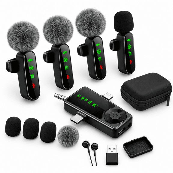 4 Pack Black Wireless Lavalier Microphones for Android Camera and Mobile Devices
