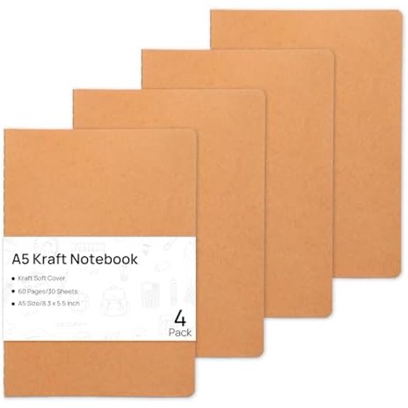 4 Pack Blank Kraft Notebooks, 8.3x5.5 Inches A5 Small Journals Bulk Blank Notebooks 80 Gsm Unlined with 60 Pages A5 Subject Notebooks Traveler Journal Set for Adult Students Back to School Supplies