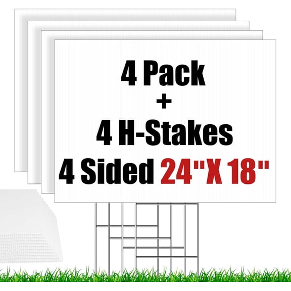 4 Pack Blank Yard Signs with Stakes 24 X 18inch, 18 x 24" Large Size White Garden Yard Signs Yard Sale Signs Corrugated Plastic Signs for Party Decorations, Garage Sale, Guidepost, Open House