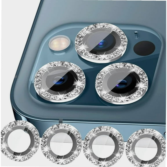 4 Pack Bling Camera Lens Protector Compatible with iPhone 12 Pro 12 Mini 11/11 Pro /11 Pro Max, Tempered Glass Screen Protector, Sparkly Glitter Protective Cover Back Camera Accessories (Silver)