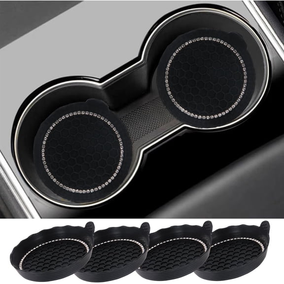 4 Pack Bling Car Coasters, 2.75 Inch Bling Crystal Rhinestone Soft Rubber Universal Anti-Slip Glitter Cup Mats Auto Cup Holder Insert Drink Coaster Car Interior Decoration for Women Girls (Black)