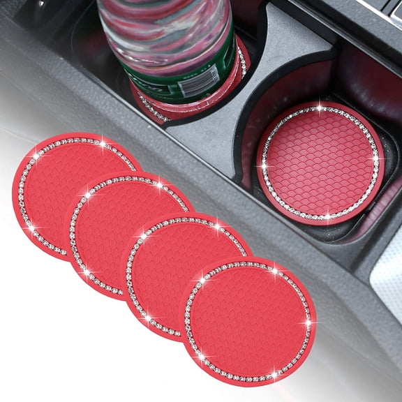 4 Pack Bling Car Coasters, 2.75 Inch Bling Crystal Rhinestone Soft Rubber Universal Anti-Slip Glitter Cup Mats Auto Drink Coaster Car Interior Decoration Accessories for Women Girls Red
