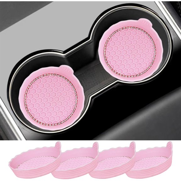 4 Pack Bling Car Cup Coaster, Universal 2.75 Inch Silicone Anti Slip Cup Holders Embedded in Ornaments, Crystal Rhinestone Rubber Pad Set Round Auto Drink Coaster for Car Interior Accessories - Pink