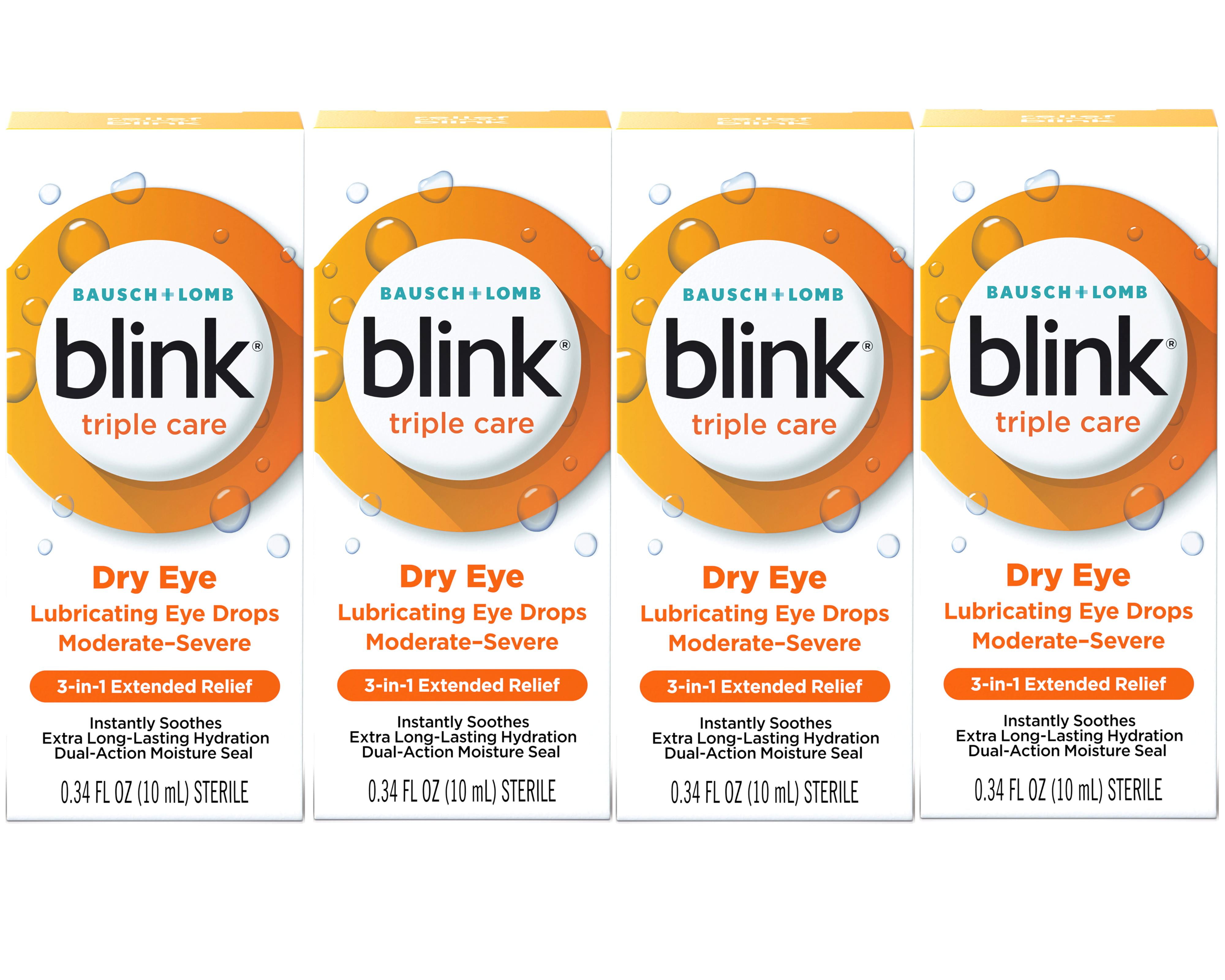 4 Pack - Blink Triple Care Lubricating Eye Drops – Long-Lasting Hydration for Moderate to Severe Dry Eyes, Moisturizes & Soothes with Hyaluronate, 0.34 Fl Oz