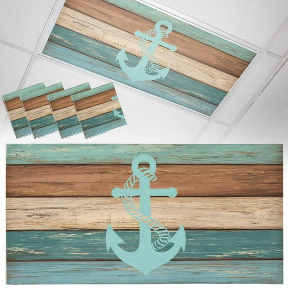 4 Pack Blue Anchor Fluorescent Light Covers for Ceiling Lights Turquoise Brown Wood Grain Retro Strip Magnetic Ceiling Light Covers Overhead Light Filters for Office Classroom Home