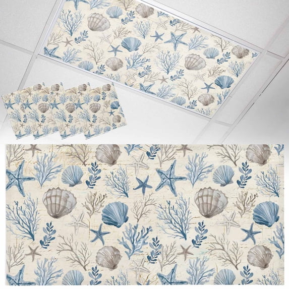 4 Pack Blue Brown Coastal Fluorescent Light Covers for Ceiling Lights Summer Coral Starfish Shell Vintage Magnetic Ceiling Light Covers Overhead Light Filters for Office Classroom Home
