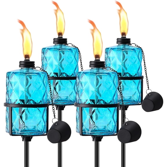 4 Pack Blue Glass Garden Torch,60-Inch Outdoor Torch Garden Décor, Upgraded 12 oz Citronella Torches with 3-Prong Grounded Stake,Metal Light Torches for Party Patio Pathway