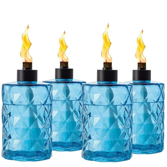 4 Pack Blue Glass Torches for Outside Tabletop with Wick and Cap,Citronella Torches Outdoor,Refillable Torch Canister,Decorative Tabletop Lantern for Yard,Patio,Deck,Garden,Outdoor Party,Landscape