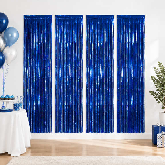 4 Pack Blue Space Galaxy Foil Fringe Curtains for Outer Space Alien Party Decorations