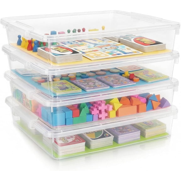 4 Pack Board Game Storage, Extra Large Paper Organizer Storage with Latching Lid (14x13.5x3.15 in), Stackable Plastic Storage Bins for 12x12 Paper, Board Game, Art Supply, Puzzle, Magazine