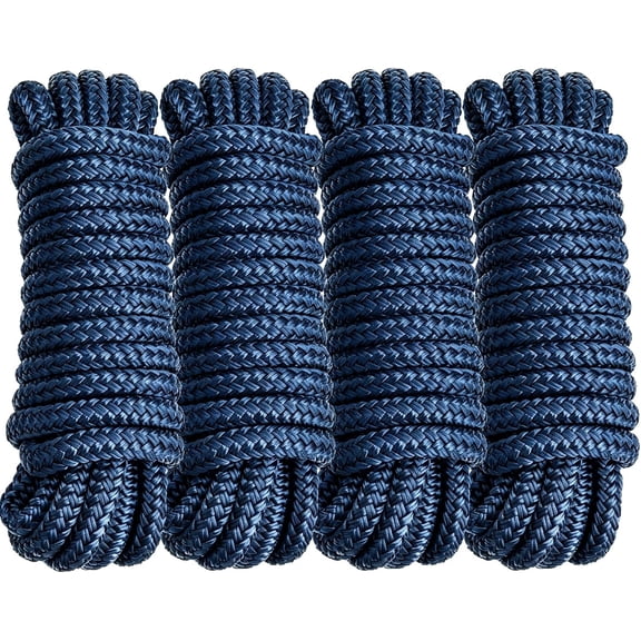4 Pack Boat Dock Lines, Improved Nylon Boat Ropes | Double Braided Boat Lines for Docking with 12" Loop, Marine-Grade High Strength Dock Ropes for Boats, Pontoons, Navy Blue
